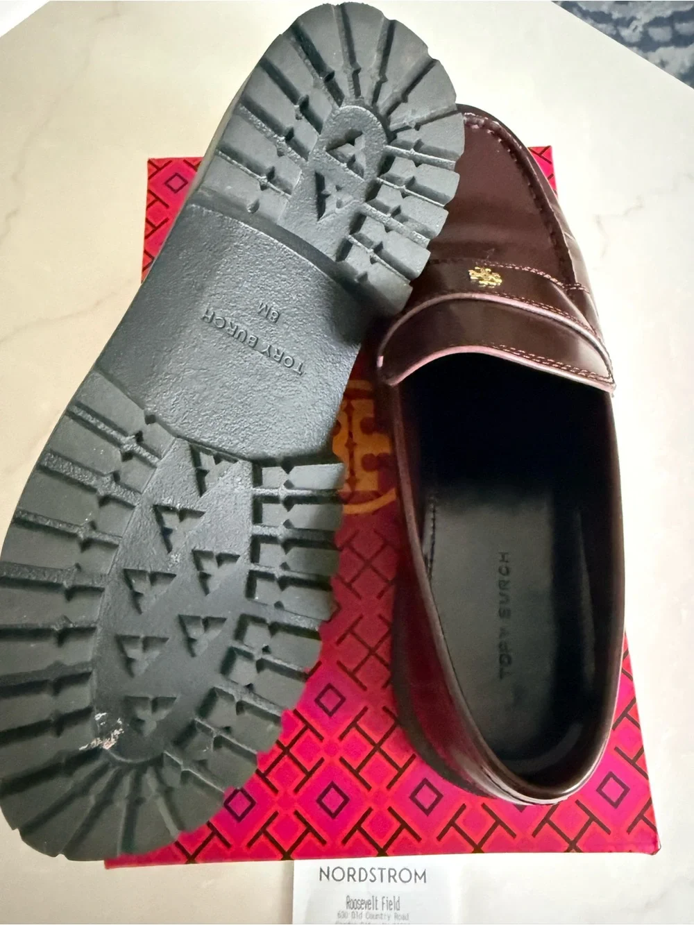 Tory Burch Womens Wine Leather Lug Sole Loafers with Gold Logo